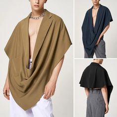 Mens Irregular Short Sleeved V-Neck Cape Jacket Hippie Pullover Jacket Shawl | eBay Mens Types Of Fashion, Middle Eastern Men Fashion, Man Design Fashion, Mens Statement Pieces, Mens Colorful Fashion, Mens Haute Couture, Solar Punk Fashion, Ponchos For Men, Plus Size Men Fashion