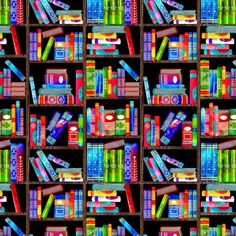 an image of colorful bookshelves with many different colored books on them fabric by glimmerics on spoons