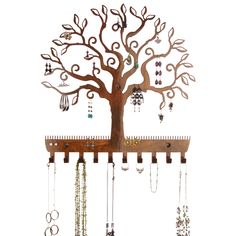 a wooden tree with jewelry hanging from it