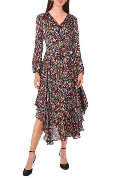 A curved hemline accentuates the flowy silhouette of this graceful floral-print dress. 51" length Hidden back-zip closure V-neck Long sleeves with elastic cuffs Partially lined 100% polyester Dry clean Imported V Neck A Line Dress, Line Dress, Nordstrom Dresses, Floral Print Dress, Vince Camuto, Sleeve Dress, A Line Dress, Print Dress, Floral Print