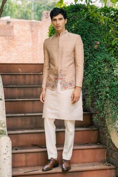 Beige raw silk bandhgala with floral embroidery. Comes with kurta and pyjama. - Aza Fashions Kurta Set Men, Pajama Pattern, Kurta Set For Men, Satin Color, Kurta Set, Embroidered Silk, Raw Silk, Aza Fashion, Floral Embroidery