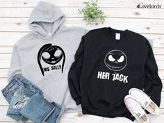 Her Jack/His Sally Hoodie, Halloween Couple - Fall Shirts for Women Men, His and Hers, Trick or Treat, Nightmare Before Christmas 4lovebirds Couples Outfits Fall, Her Jack His Sally, Halloween Couples, Couples Outfits, Matching Hoodies, Matching Sweatshirts, Jack And Sally, Trick Or Treating, Christmas Hoodies