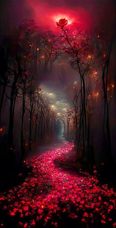 a dark forest with pink flowers on the ground