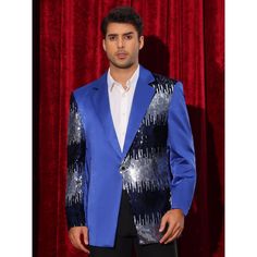 The shiny sequin design of the color block blazers can make your outfit more eye-catching. You can pair the sequin sports coat with shiny pants and button shirts for parties, stage performance or dancing events. The color block sports coats are suitable for parties, dancing, stage performance, costume, wedding parties, festival celebrations, etc. Winter Party Blue Blazer, Festive Blue Party Outerwear, Blue Sequined Outerwear For Party, Party Blue Sequined Outerwear, Dancing Stage, Costume Wedding, Button Shirts, Performance Costume, Shiny Pants