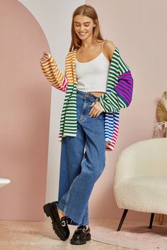 striped cardigan sweater Colorful Striped Cardigan Outfit, Multicolor V-neck Cardigan For Vacation, Cheap Playful Multicolor Cardigan, Stripe Cardigan Outfit, Casual Multicolor V-neck Cardigan, Multicolor V-neck Cardigan One Size, Cardigan Outfits, Striped Cardigan, Business Casual