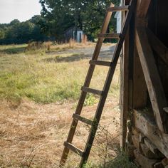 an old wooden ladder leaning against the side of a building in front of a field