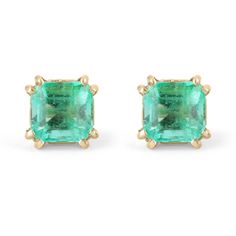 A classic pair of emerald-cut green natural Colombian emerald gold studs in 14K Gold. These earrings feature two lively, natural Colombian emeralds that are handset in a double-prong setting. These stones were sourced by the best emerald mine in the world known as Chivor. They are comfortable to wear and come with secure back pieces. Setting Style: Stud Earrings   Setting Material: 14K Yellow Main Stone: Colombian Emerald Shape: Asscher Cut  Estimated Total Weight: 1.73 Carats Clarity: Transparent  Color: Medium Light Green Luster: Excellent Tone: Medium Treatments: Natural, Oiling Suggested Retail Price $4,670.00 If you have a special request for a custom-created item please contact us at 1 800 840 6828. Complimentary shipping with the USA & Certification of appraisal. Green Emerald Earrings, Emerald Stud Earrings, Emerald Green Earrings, Emerald Earrings Studs, 80th Birthday Gifts, Tiny Bow, Floral Studs, Minimalist Gifts, Colombian Emeralds