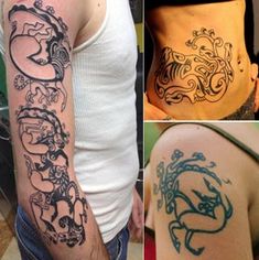 four pictures of different tattoos on the back of people's stomachs and arms