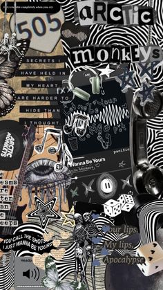 a collage of black and white images with words, symbols, and other things