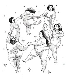 an ink drawing of four women in different positions, with stars on the ground behind them