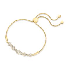 Ross-Simons - .60 ct. t. w. Diamond Cluster Bolo Bracelet in 14kt Yellow Gold. Indulge in the luxury of diamonds and gold with an easy-to-use bolo bracelet! Here, .60 ct. t. w. diamond clusters sparkle on a wheat chain in polished 14kt yellow gold. Adjusts to fit most wrists. Diamond bolo bracelet. Diamond birthstones are the perfect gift for April birthdays. Gold Diamond Bracelet, Bolo Bracelet, Bracelet Diamond, Diamond Birthstone, Bracelets Gold Diamond, Gold Bracelet For Women, Chain Bracelets, Diamonds And Gold, Diamond Jewellery