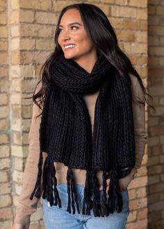 One of our favorite brands Panache. Handmade super soft and cozy black loom woven long scarf with fringe. Easy to wear with any outfit. Width 12" Length 72" 100% Acrylic Machine Wash Cold, Dry Flat Black Scarves For Cold Weather, One Size, Black Casual Shawl For Fall, One Size Black Casual Shawl, Casual Black Shawl For Fall, Casual Fringe Scarves For Winter, Casual Winter Scarves With Fringe, Black Shawl Scarf For Winter, Casual Black Winter Shawl, Casual Black Shawl For Winter