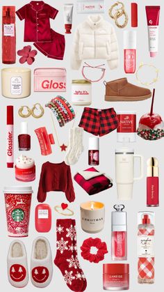 the contents of a woman's christmas gift bag are arranged in a collage