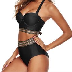 Urchics Womens High Waisted Bikini Swimsuit Two Piece Tummy Control Swimwear Bathing Suit Black Lined Tankini For Pool, Black High Waist Swimwear With Built-in Bra, High Waist Black Swimwear With Built-in Bra, Black High-waist Swimwear With Built-in Bra, Black Underwire Tankini With Lined Body, Underwire Lined Swimwear For Parties, Underwire Party Swimwear With Lined Body, High Waist Tankini For Party Beachwear, Party High Waist Tankini Beachwear