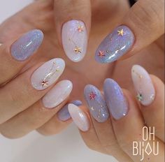 Dark Nails With Stars, Purple Glitter Nail Art, Witchy Vibes Nails, Lavender Cloud Nails, Birthday Nails 30, Simple Easy Nail Ideas, Loose Glitter Nail Art, 26 Birthday Nails, Bold Nails Designs