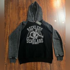 Brand New Hoodie Size Medium -100% Loop Back Stone Washed Cotton -Scholars Gargoyle Logo In Metal Nail-Head Studs -Metal Extruded Popper Drawstring Hardware -Raglan & Square Split Pocket Pattern -Waffle Lined Hood Distressed Black Crew Neck Hoodie, Distressed Black Urban Sweatshirt, Black Distressed Urban Sweatshirt, Fall Distressed Black Sweatshirt, Urban Black Distressed Sweatshirt, Urban Distressed Black Sweatshirt, Black Washed Hoodie For Fall, Urban Style Washed Black Sweatshirt, Casual Black Distressed Sweatshirt