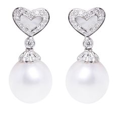 Ella Gafter Australian South Sea Pearl And Diamond Earrings White Gold White Heart-shaped Pearl Earrings For Party, White Heart-shaped Pearl Drop Earrings, Formal Heart-shaped Pearl Earrings, Heart-shaped Pearl Earrings, White Heart-shaped Earrings With Pearl Charm, Sea Earrings, South Sea Pearls Earrings, White Diamond Earrings, Pearl And Diamond Earrings