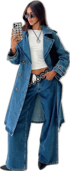 Double-breasted Denim Outerwear With Button Closure, Denim Outerwear With Belt Loops For Work, Fall Denim Jacket With Belt Loops, Fall Denim Jacket With Belted Cuffs, Medium Wash Outerwear With Lapel Collar For Spring, Casual Denim Outerwear With Belt Loops, Spring Denim Outerwear With Double Button Closure, Long Sleeve Denim Jacket With Belted Cuffs, Fall Denim Belted Outerwear