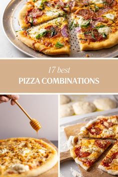 pizzas with different toppings and the words 17 best pizza combinations on it's side