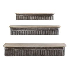 three metal shelfs with wooden top and bottom, one on the left and one on the right