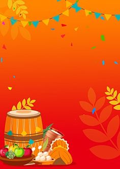 an orange background with autumn leaves and a wooden barrel filled with fruit, vegetables and other things