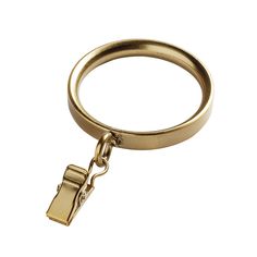 a gold colored metal keychain with a clip on the end and a lock attached to it