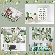 a collage of green and white photos with flowers, plants, and pictures on the wall