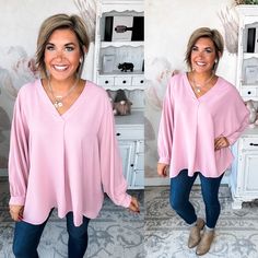 This blouse is out to prove that comfy and chic can coexist in perfect harmony. Its flowy, dolman cut gives you room to breathe while still maintaining a flattering drape. 3/4 sleeves keep it seasonal, transitioning effortlessly from summer to fall. A plunging V-neckline shows just enough skin to be subtly seductive, but the blush pink hue is as sweet and charming as an English rose garden. In short, this top lets you make a stylish statement without having to sacrifice one ounce of comfort. It’ Flowy Pink Blouse For Fall, Flowy V-neck Blouse For Fall, Pink Flowy Long Sleeve Blouse, Chic Pink V-neck Blouse, Pink V-neck Peasant Top With Floral Print, Rachel Clark, The Don, Autumn Summer, Blush Pink