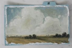 a painting of clouds in the sky over a field with trees on it and an inscription that reads mustard seed interiors