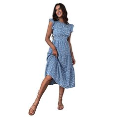 F00114169-106 Blue Midi-length Dress With Fitted Waist, Blue Midi Length Dress With Fitted Waist, Blue Midi Dress With Fitted Waist, Blue Dress With Fitted Waist For Spring, Casual Light Blue Stretch Midi Dress, Light Blue Stretch Casual Midi Dress, Casual Midi Dress With Fitted Waist, Vestidos Retro, Summer Retro