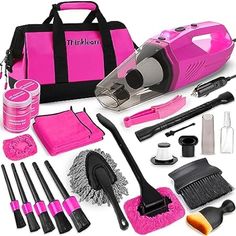 a pink and black bag with cleaning supplies