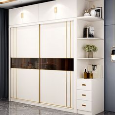 a white closet with gold trim and black stripes on the doors is shown in this modern living room