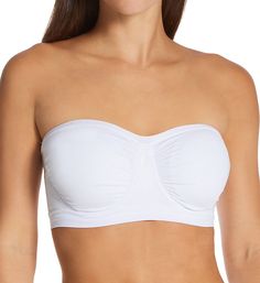 Soft strapless bra is knit for a comfortable stretch fit and easily changes shape to give you a perfect fit. Made of nylon and spandex. Seamless underwire cups are self lined with built-in pockets for removable padding, included. Cups are dual layers of 4-way stretch knit with ruching at the center and sides so that fit expands. Sweetheart neckline has a ribbed edge for flexible fit. Silicone grippers along the inner edge of the neckline (near center), keep cups from slipping. Ribbed 2-layer bas Stretch Bra With Removable Cups, Stretch Bandeau Tube Top With Medium Bust Support, Padded Cup Bandeau Tube Top, Fitted Tube Top With Medium Bust Support And Underwire, Seamless Stretch Tube Top With Underwire, Fitted Strapless Bra With Medium Bust Support, Strapless Tube Top With Built-in Bra, Strapless Solid Color Tube Top Bra Friendly, Strapless Bra With Medium Bust Support