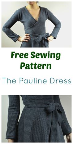 a woman wearing a dress with the words free sewing pattern