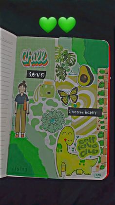 an open notebook with stickers on it and green hearts above the pages that read chilli reve choose happy