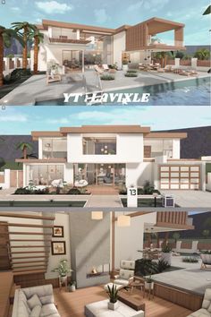 Bloxburg House Backyard Ideas, Modern Summer House Bloxburg, Cute Modern Houses, Bloxburg House Summer, Bloxburg Summer House Layout, Bloxburg Outside House Ideas, Tropical Bloxburg House, Bloxburg Mansion Ideas Exterior