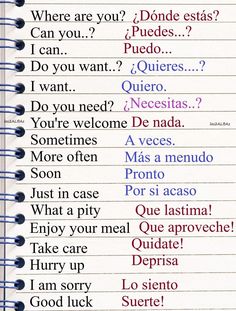 an open notebook with spanish words written in different languages on the pages, which are lined up