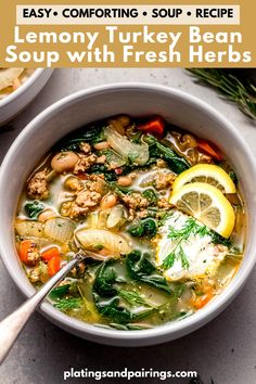 This Lemony Turkey Bean Soup features turkey, white beans, leafy greens, and plenty of fresh herbs simmered in a savory, tangy broth. It’s a hearty yet light one-pot comfort food packed with flavor! // recipes // instant pot // crock pot // kale