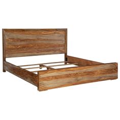 a bed frame made out of wood with no headboard and foot board on it