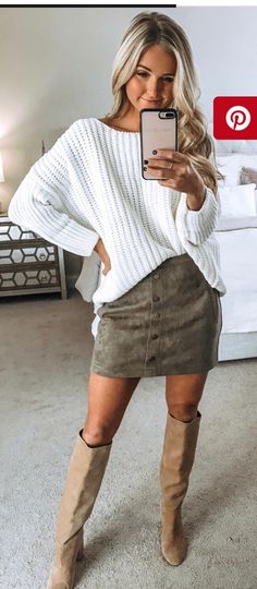 Skirt With Tall Boots Outfit, Sneakers Date Night Outfit, November Dress Outfits, Fall Outfit White Skirt, Gno Outfit Fall Night, Skirt And Boots Outfit Winter, Skirt And Sweater Outfit Winter, Philanthropy Outfits