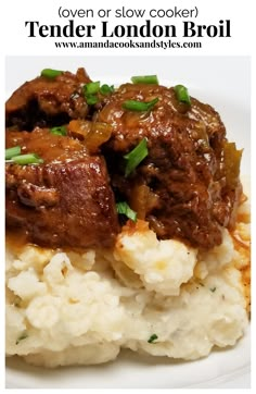 a close up of food on a plate with the words tender london broil over it