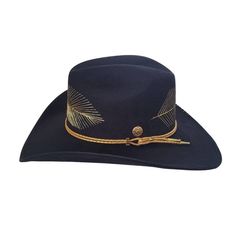 Introducing our sleek and stylish KYLIN Cowboy Hat, a perfect blend of classic design and modern elegance. Crafted from high-quality polyester suede in a timeless black hue, this hat is sure to become a staple in your wardrobe.Featuring exquisite gold feather embroidery around the crown, our Cowboy Hat adds a touch of luxury to any outfit. The addition of a matching gold leather cord completes the look, adding a touch of sophistication.With a 4" brim and a 4" crown, our Cowboy Hat boasts a struc Luxury Gold Wide Brim Hat, Elegant Gold Adjustable Felt Hat, Elegant Adjustable Gold Felt Hat, Classic Gold Fedora With Curved Brim, Gold Adjustable Felt Hat With Curved Brim, Adjustable Gold Felt Hat With Curved Brim, Classic Gold Wide Brim Fedora, Gold Wide Brim Classic Fedora, Classic Gold Hat Band For Fedora