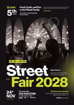 the poster for street fair is shown in black and white