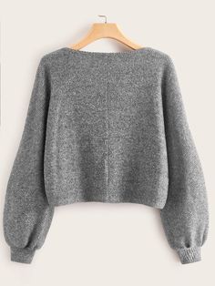 Grey Casual  Long Sleeve Polyester Plain Pullovers  Non-Stretch Spring/Fall Women Knitwear Batwing Sleeve Sweater, Shein Sweater, Lantern Sleeve Sweater, Boat Neck Top, Marled Sweater, Solid Sweaters, Boat Neck Tops, Autumn Casual, Drop Shoulder Sweaters