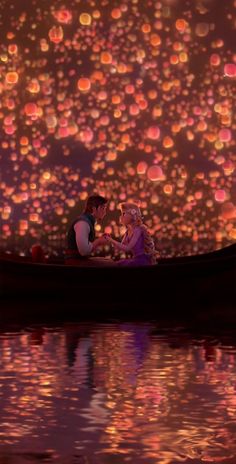 two people in a boat with floating lanterns on the water and one person holding a child's hand