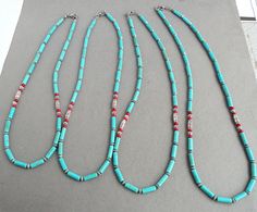 "In creating this casual men's necklace, I put eclectic tastes inspired by tribal, native American, and Southwestern styles. It is made with Magnesite semi-precious gemstone (as known as Magnesite Turquoise) in a teal blue color with occasional brownish spots, which is commonly used as economical alternative to real Turquoise. I accentuated and embellished this necklace with some Red Coral beads and antiqued silver tone metal beads in pewter and brass, then finished off with a simple lobster cla Boys Necklace, Mens Beaded Necklaces, Stone Bead Jewelry, Teal Blue Color, Mens Necklace, Necklace Patterns, Necklace For Men, Men's Necklace, Green Gemstones