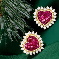 Ross-Simons - 1.70ct t. w. Ruby, 1.10ct t. w. Diamond Heart Earrings in 18kt Yellow Gold. These earrings will set your heart aflutter! In 18kt yellow gold settings, 1.10 ct. t. w. round brilliant-cut diamonds frame a heart of 1.70 ct. t. w. square rubies. This pair is perfect for date nights or everyday looks. Post/clutch, diamond and ruby heart earrings. Ruby birthstones are the perfect gift for July birthdays. Luxury Heart Cut Diamond Earrings, Luxury Heart-shaped Brilliant Cut Earrings, Luxury Cubic Zirconia Heart Earrings For Formal Events, Luxury Diamond Heart Cut Earrings, Luxury Heart-shaped Cubic Zirconia Earrings, Luxury Heart-shaped Diamond Earrings, Luxury Heart Cut Cubic Zirconia Earrings, Luxury Heart-shaped Diamond Earrings For Wedding, Luxury Cubic Zirconia Heart Cut Earrings