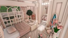 Coquette Bloxburg Room Ideas, Bloxburg Fancy Bedroom Ideas, Pink Bloxburg Bedroom Ideas, Aesthetic Bloxburg Rooms, Bloxburg Princess Bedroom, Coquette Living Room Bloxburg, Bloxburg Blush Bedroom, Coquette Blocksburg House, Bloxburg Pink Bedroom