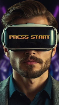 a man wearing a virtual headset with the words press start in front of him