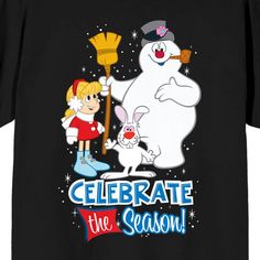 a black shirt with an image of a cartoon character and a snowman